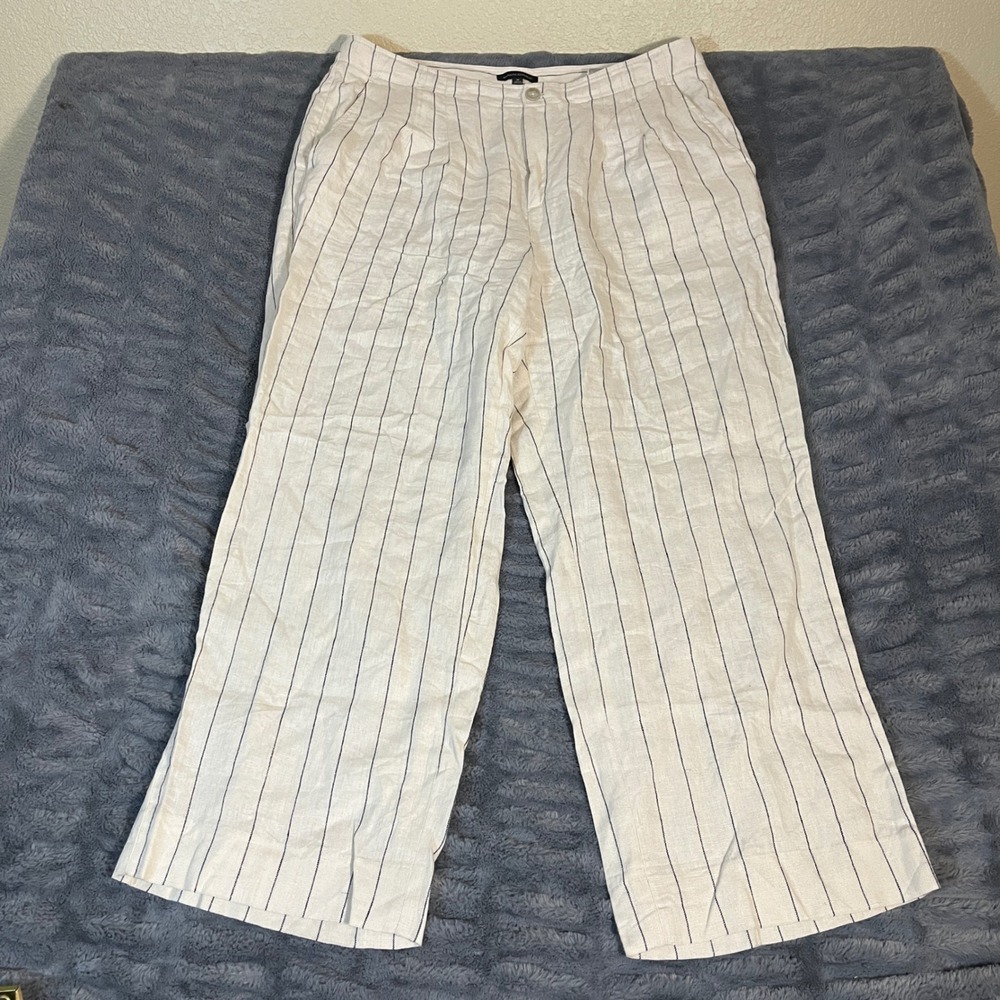 Banana Republic Cream Wide-Leg Linen Blend Pants with Navy Pinstripes